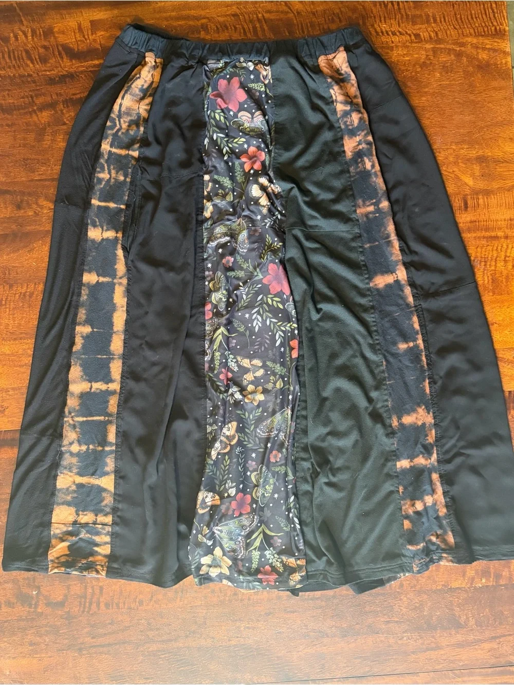 Handmade Black Floral Mesh Panel Maxi Skirt with Rust Tie-Dye Accents Women’s L